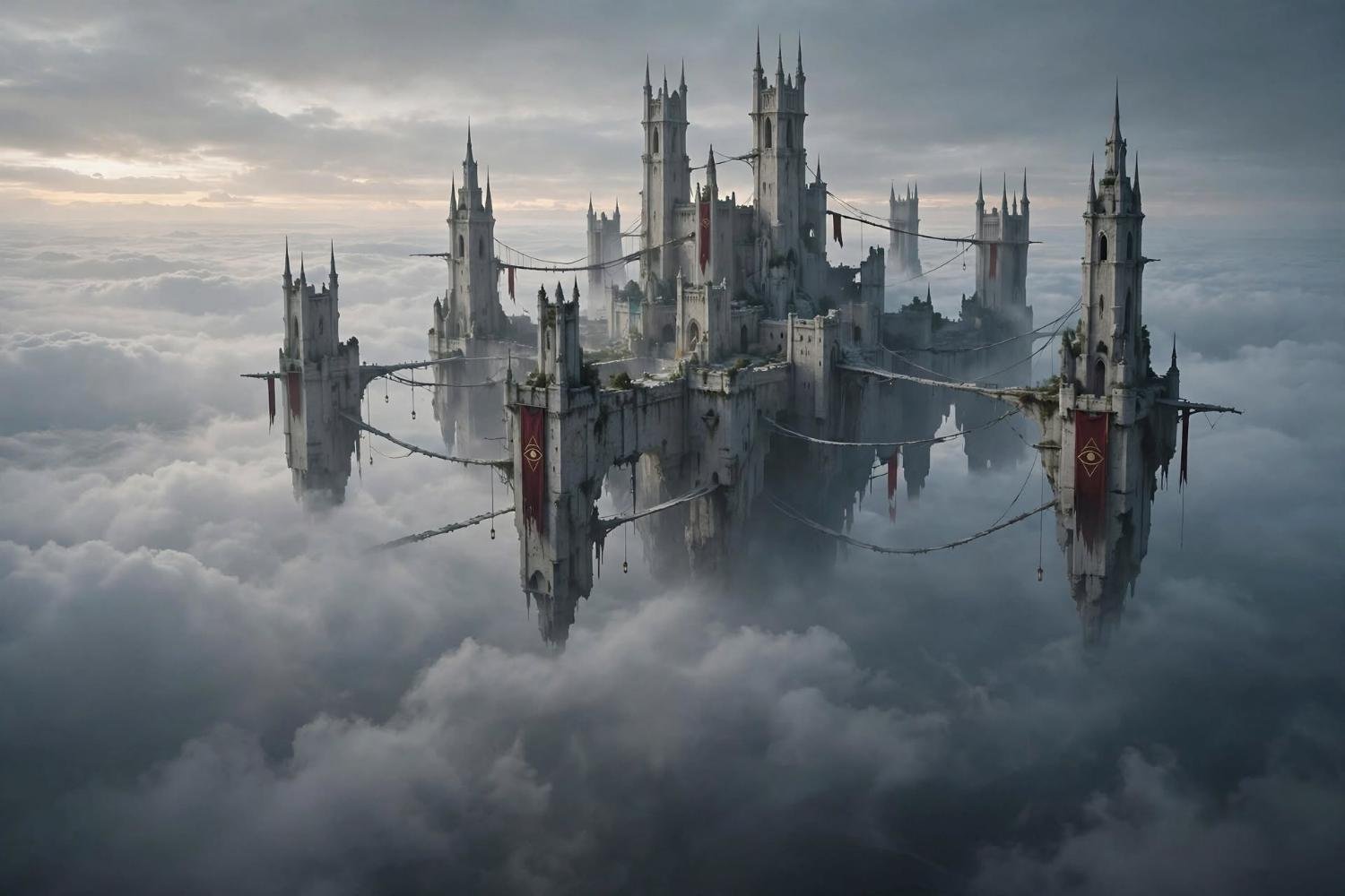 The pale fortress hung above the cloud line, bridges between the towers