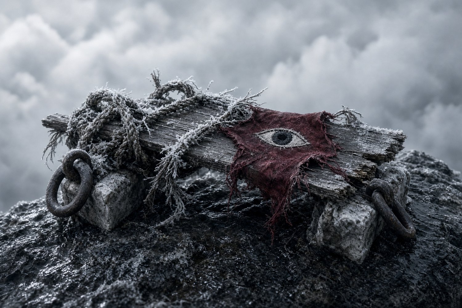 Broken bridge rope, an iron ring, and a strip of red cloth from the skyfort