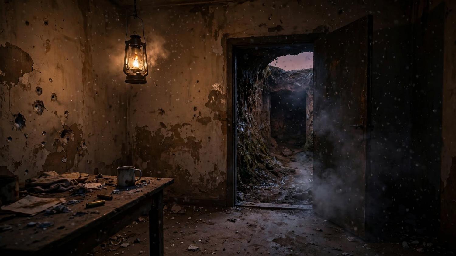 The door opens onto a tunnel of wet earth. Snow in a room shot full of holes.
