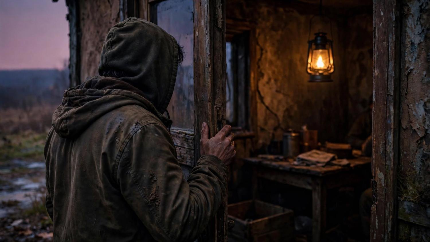 A hooded back, a hand on the doorframe, dusk outside and a lamp still burning inside.