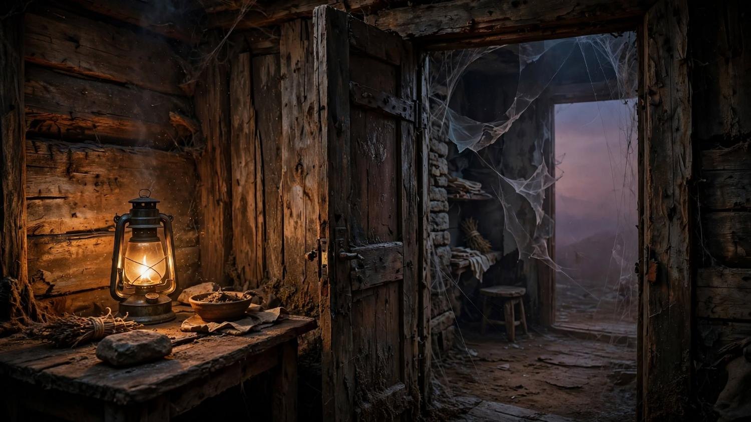 A kerosene lantern in a wooden room. The door is open on a mauve dusk.