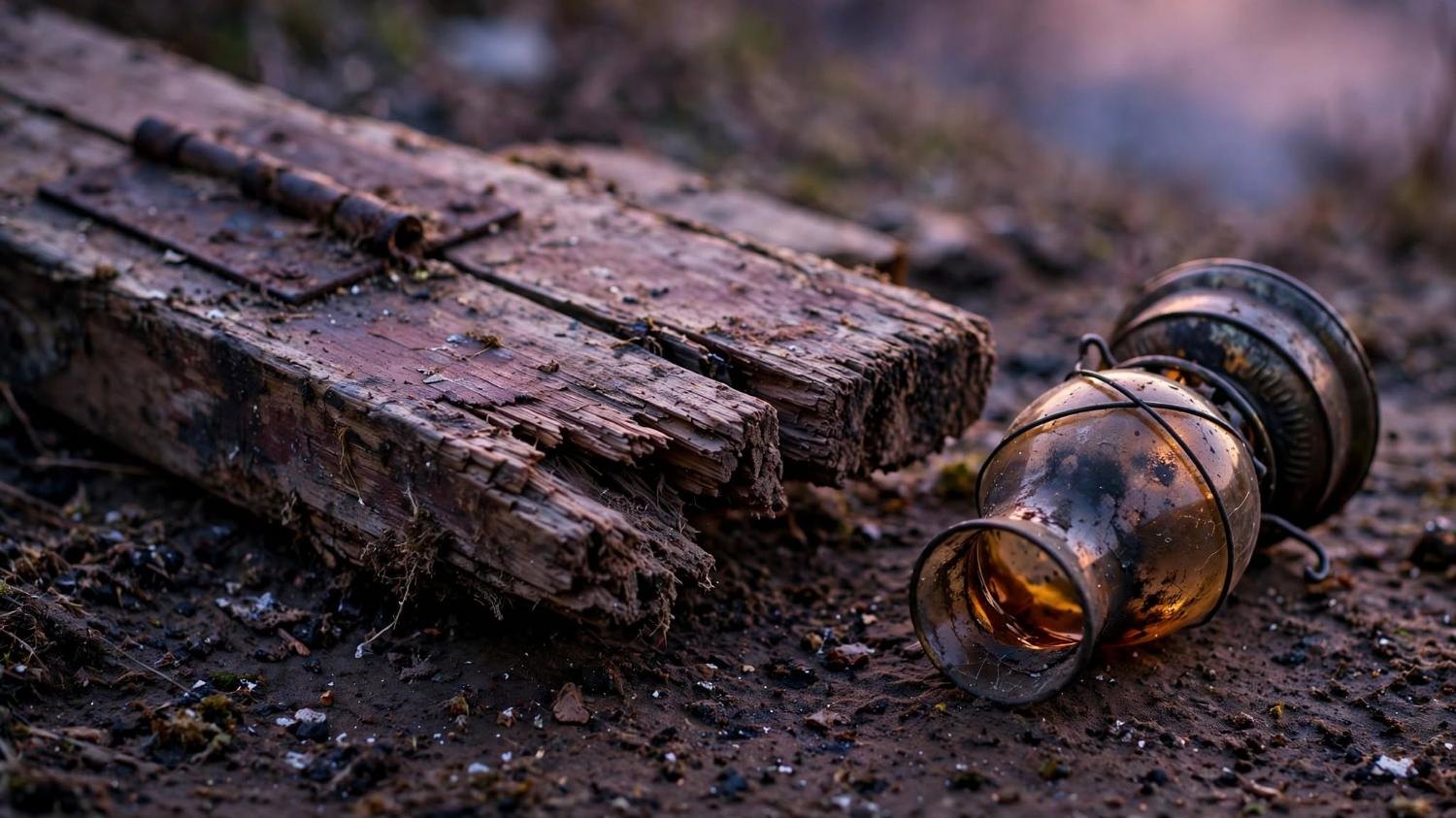 A fallen lantern and a broken length of the door, in the dirt.