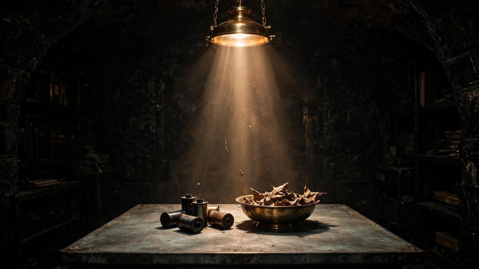 An open book. The left page is a path into mountains. The right page is a castle and a tree. Between them the gutter is a hole, and a small lamp burns in it.