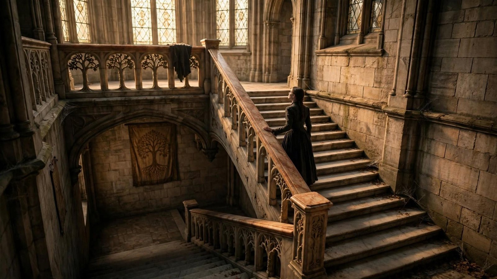 A woman on a sunlit stair. The debt is the climb.