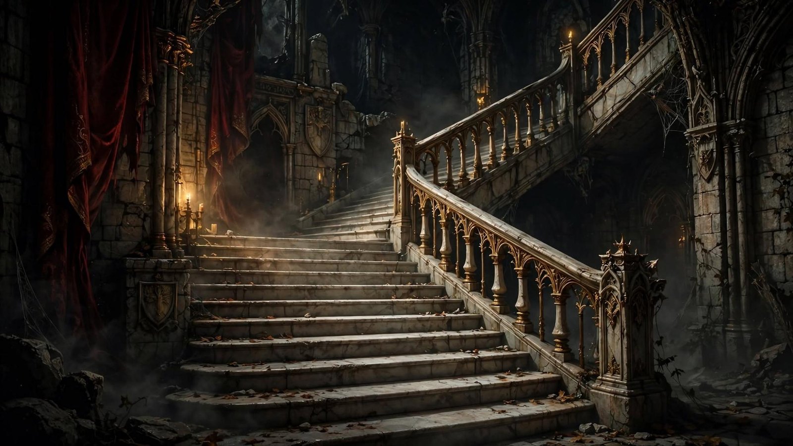 An empty stair and red drapes. The frame is held.