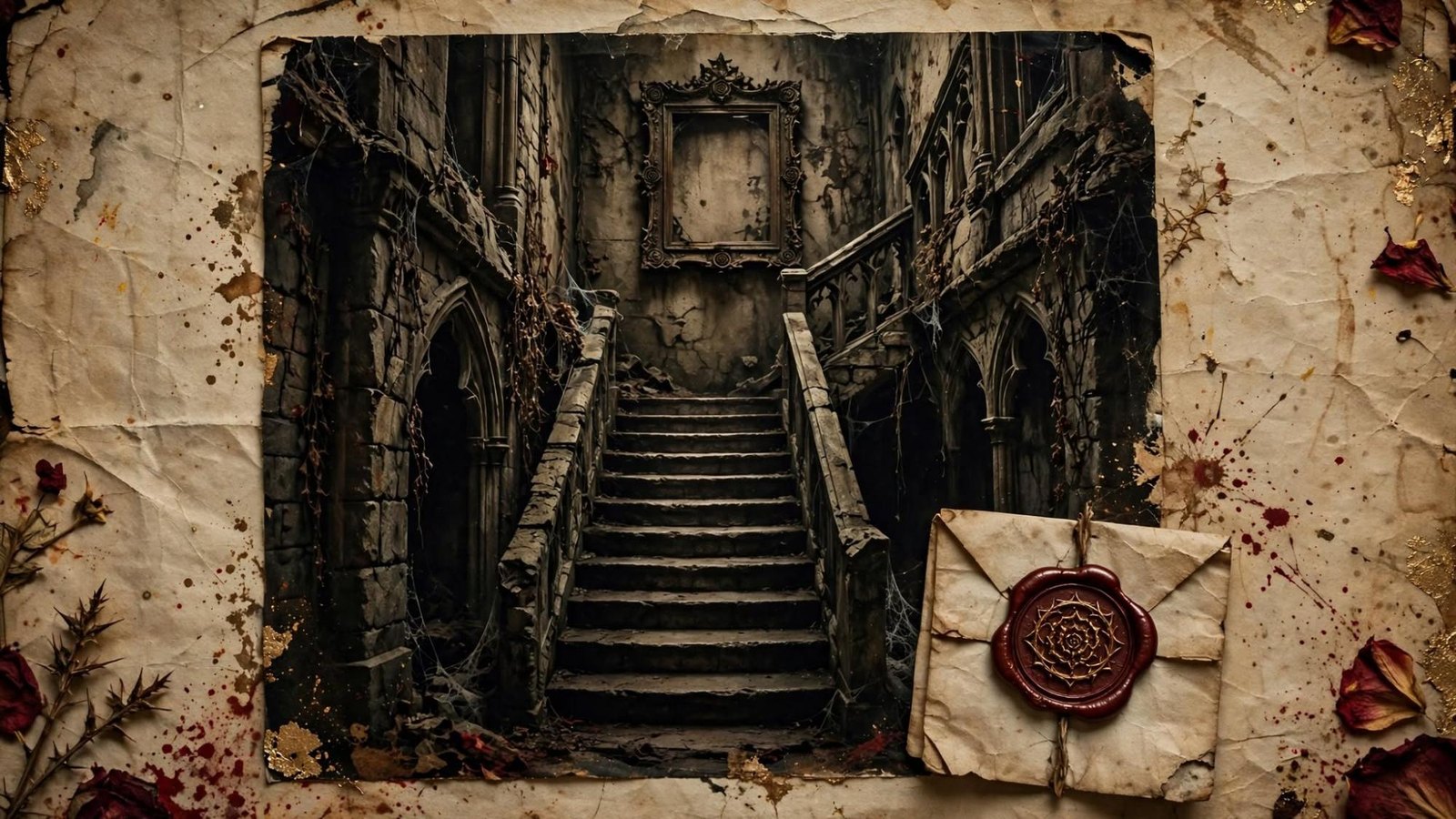 A sealed letter and a photograph of the stair.