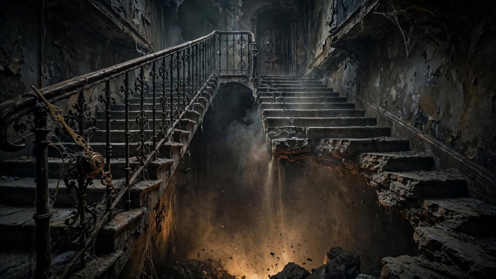 A broken stair, chains, and fire. The house keeps the debt.