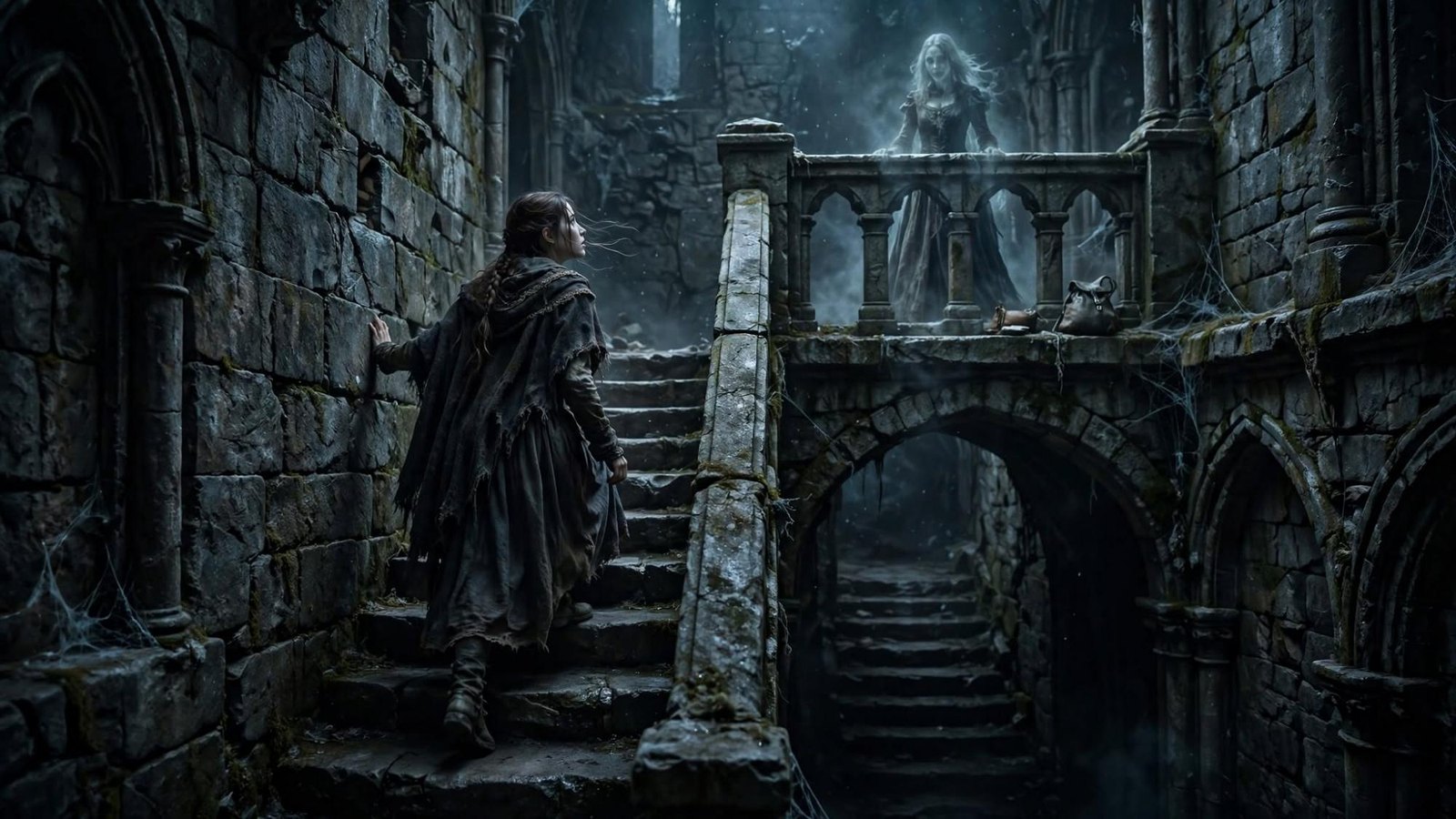 She climbs. A pale figure is already waiting higher on the stair.