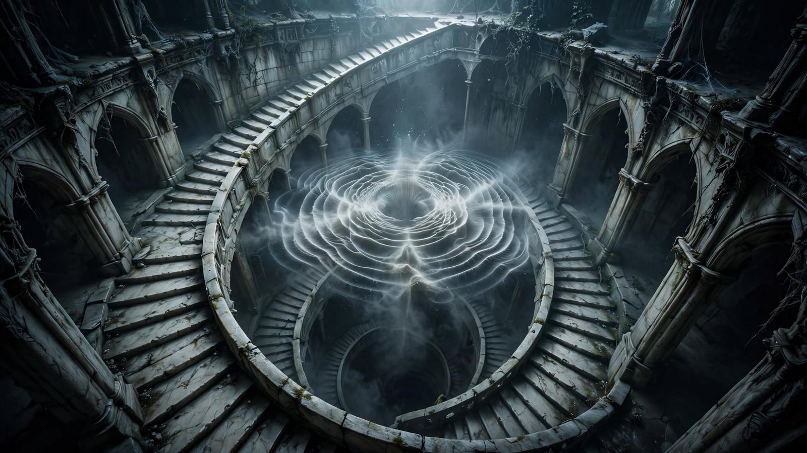 A marble well of stairs, lit from below. A held note.
