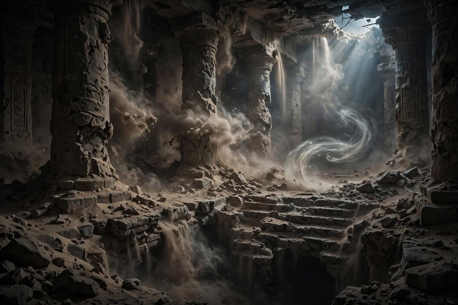 Dust turning in the ruined nave, light through the broken roof