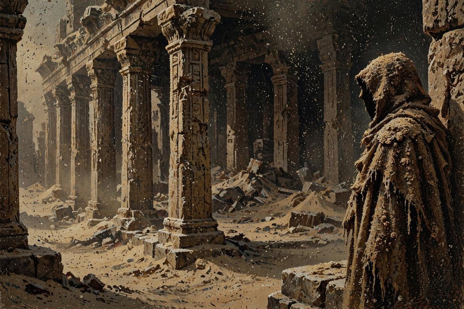 A hooded figure at the edge of the colonnade, dust settled on the cloak