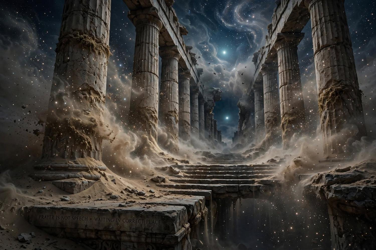 Columns of a temple open to the stars, sand climbing the steps