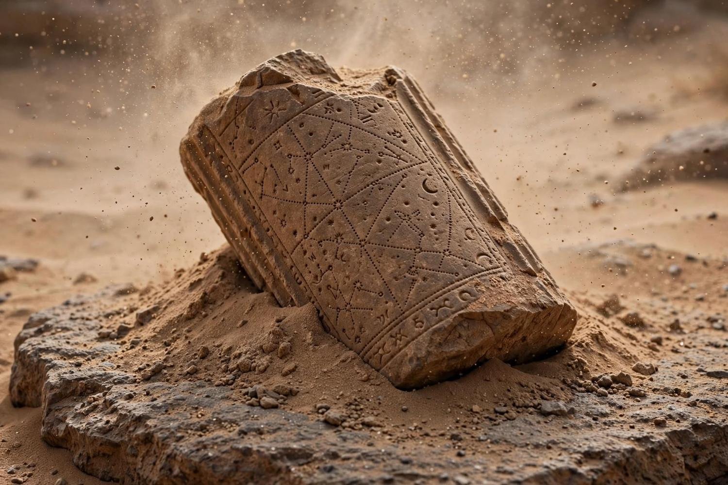A carved block lifted out of the sand, stars cut into the face