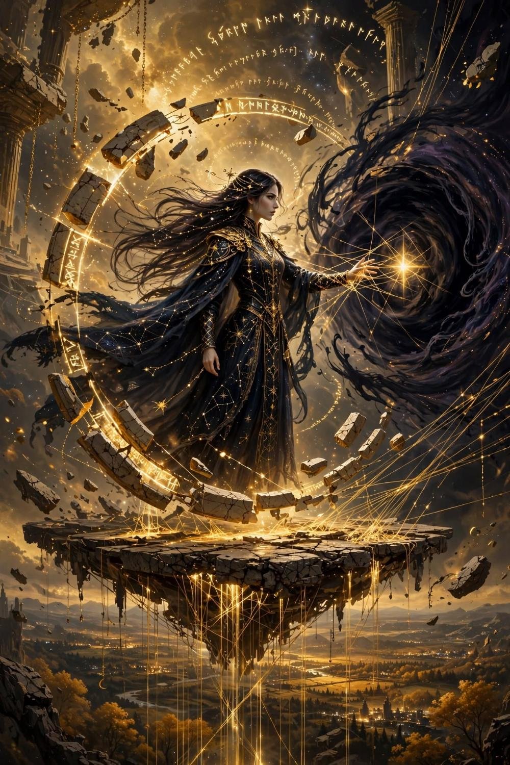 The last weaver inside a broken circle, golden threads rising into the void
