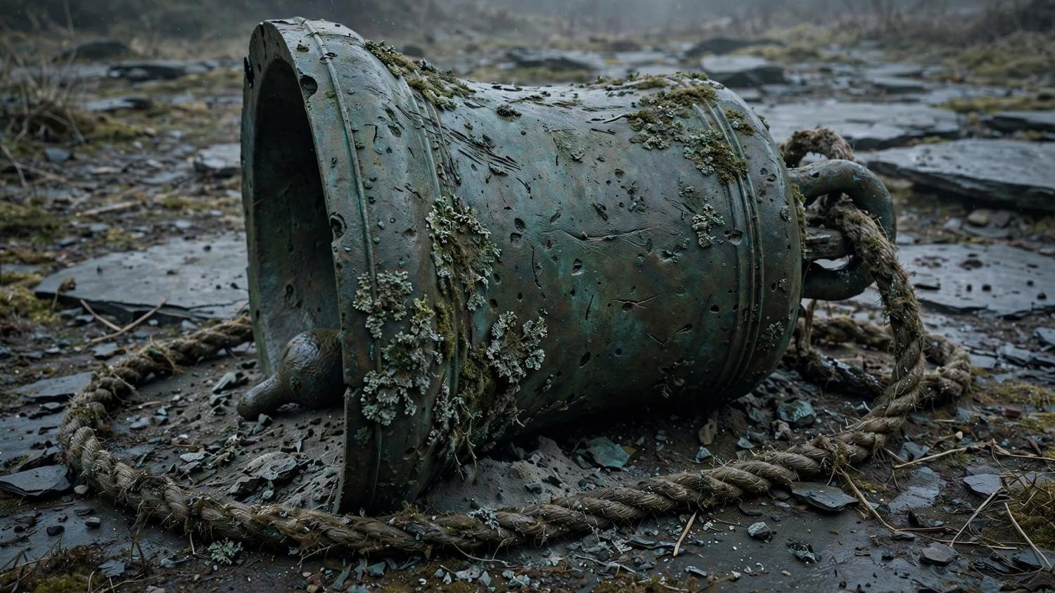 The bell mouth-open on wet slate, the rope looped, the clapper still.