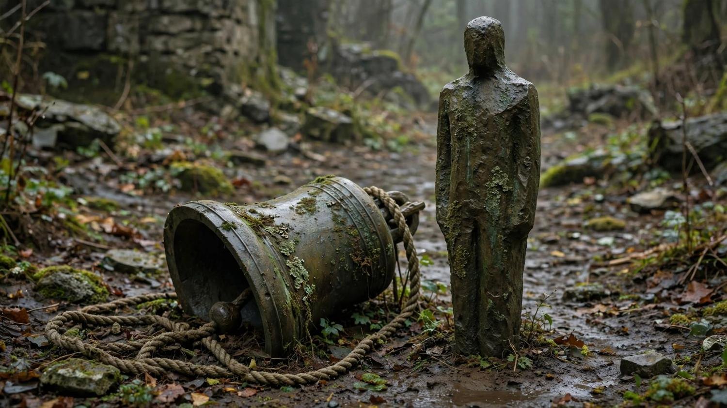 A faceless stone figure stands beside the fallen bell on a wooded path.