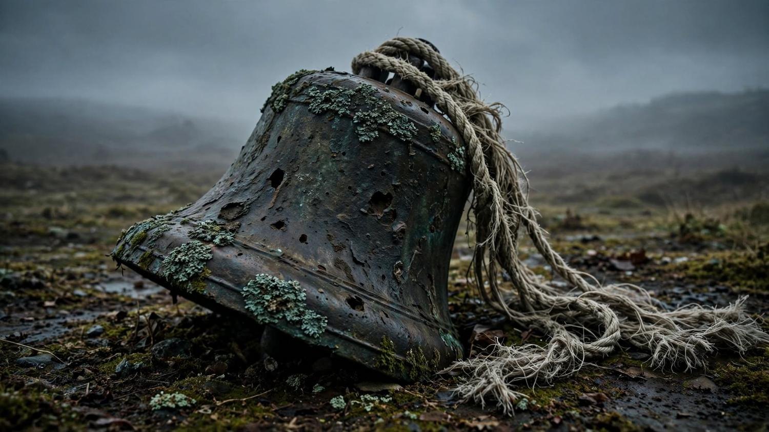 A cracked bronze bell on its side in wet grass. Hemp rope. No tower.
