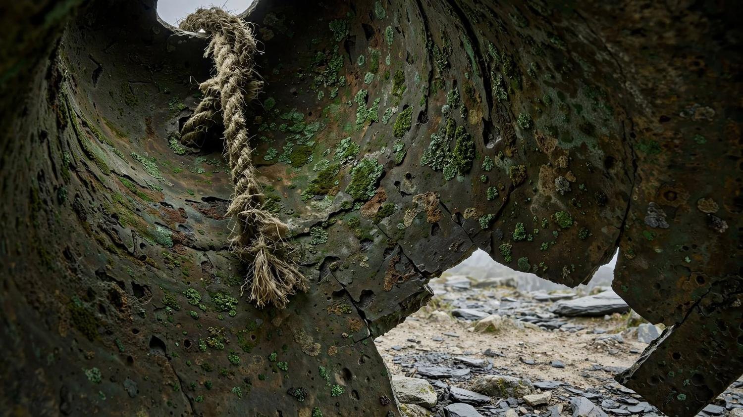 Inside the broken bell. Rope through a crack, stones and cloud beyond the lip.