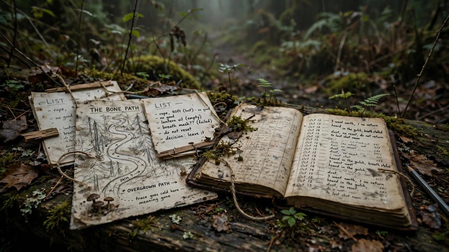 Maps and a ledger on a wet log. The trace has gone cold.