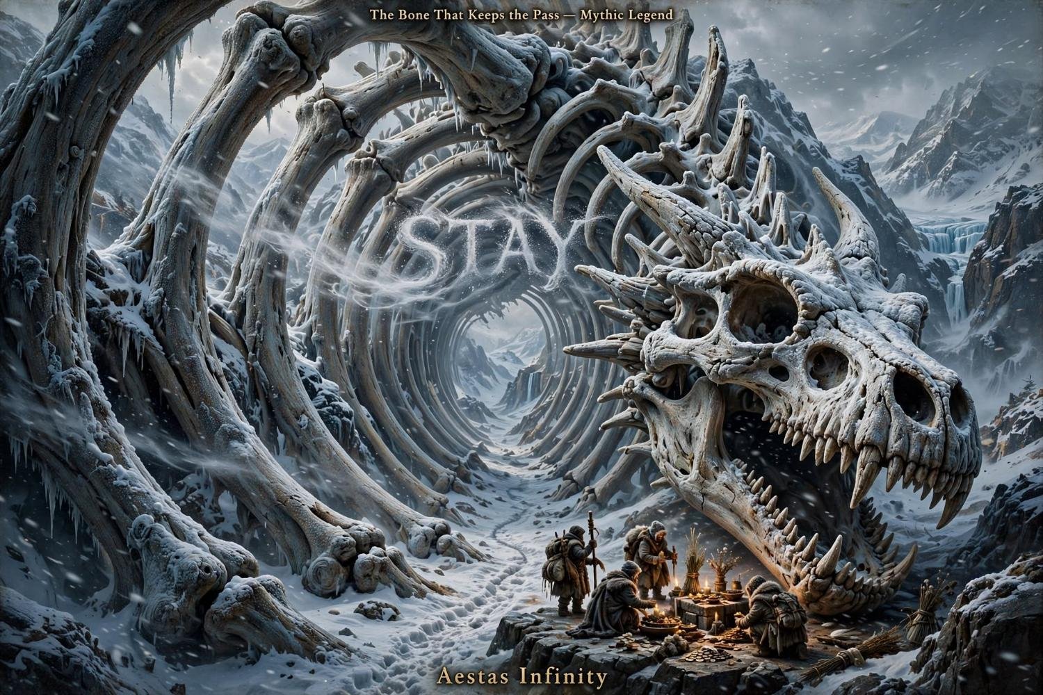 The dragon skull at the pass, travelers with offerings at the jaw