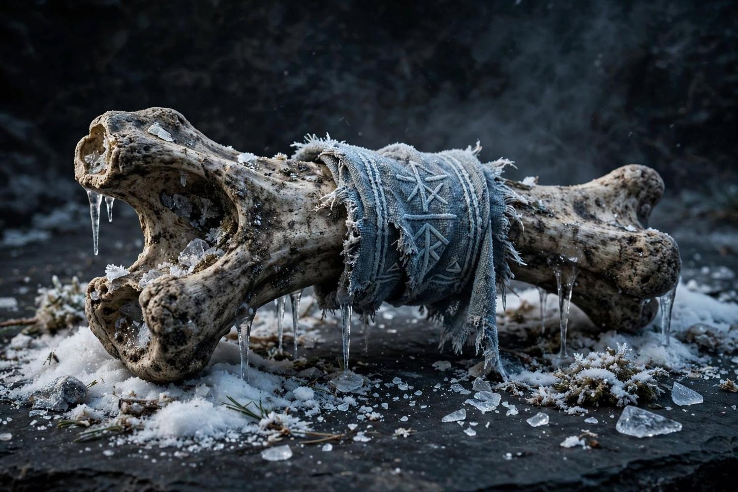 A fragment of bone, offering cloth frozen to it, ice in the grain