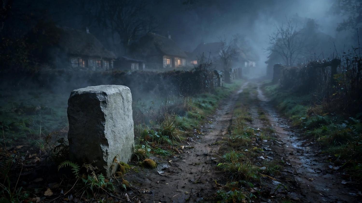 A cut stone beside the wet road, houses lit too late.