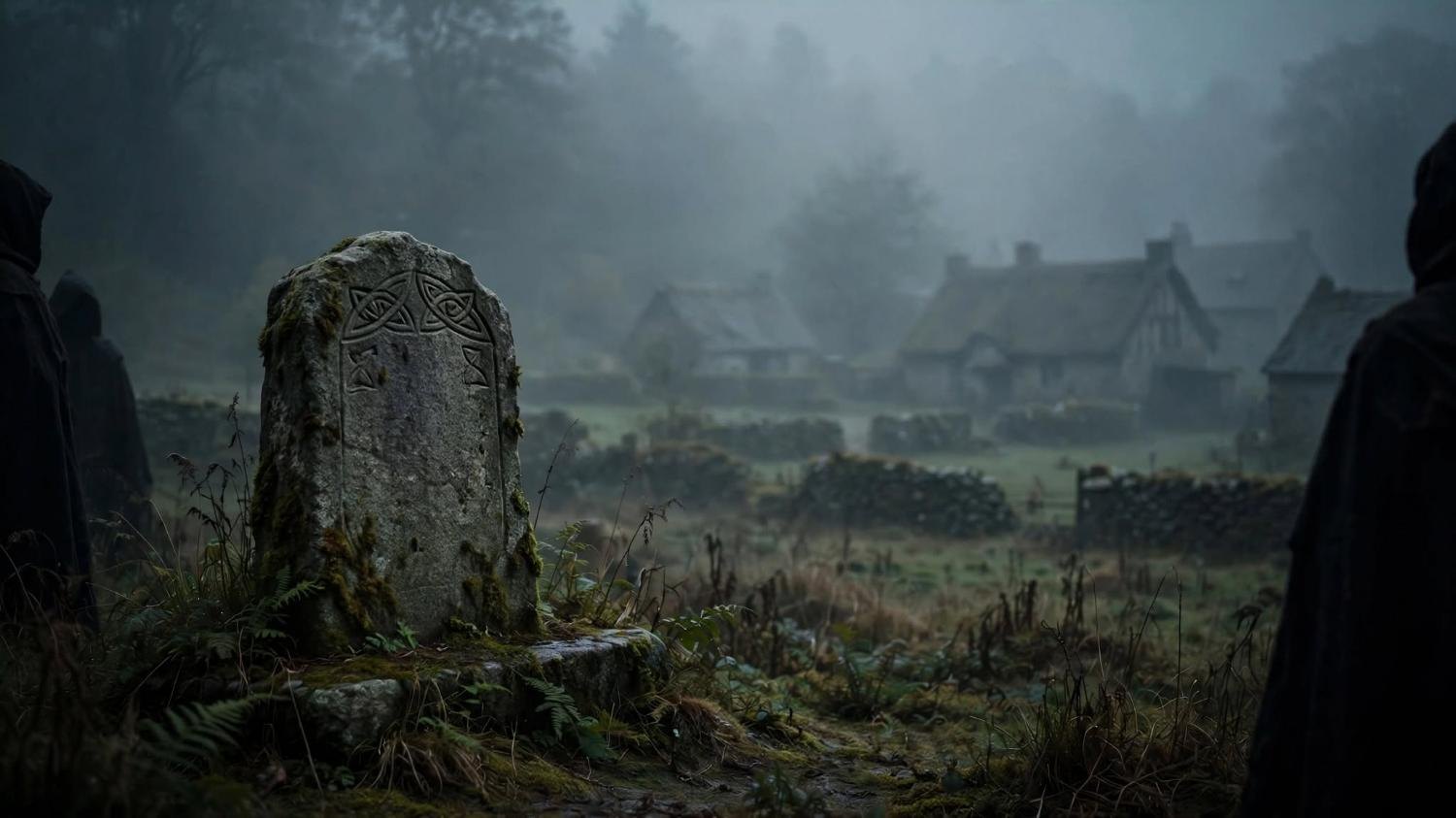 Hooded figures kept at the edge of the carved stone.