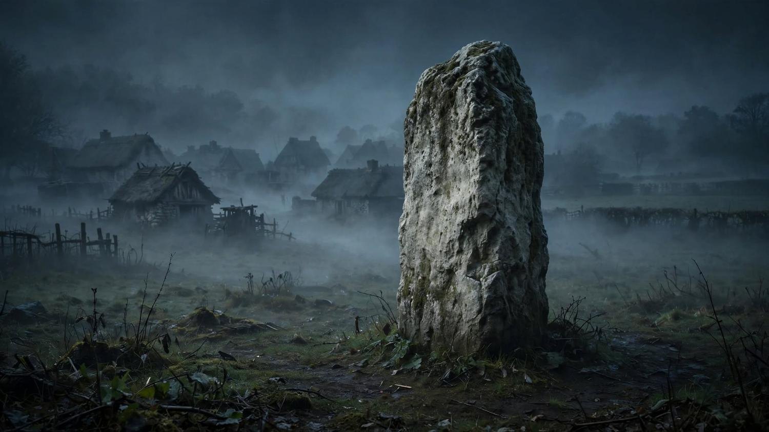 A standing stone where the fogged village ends.