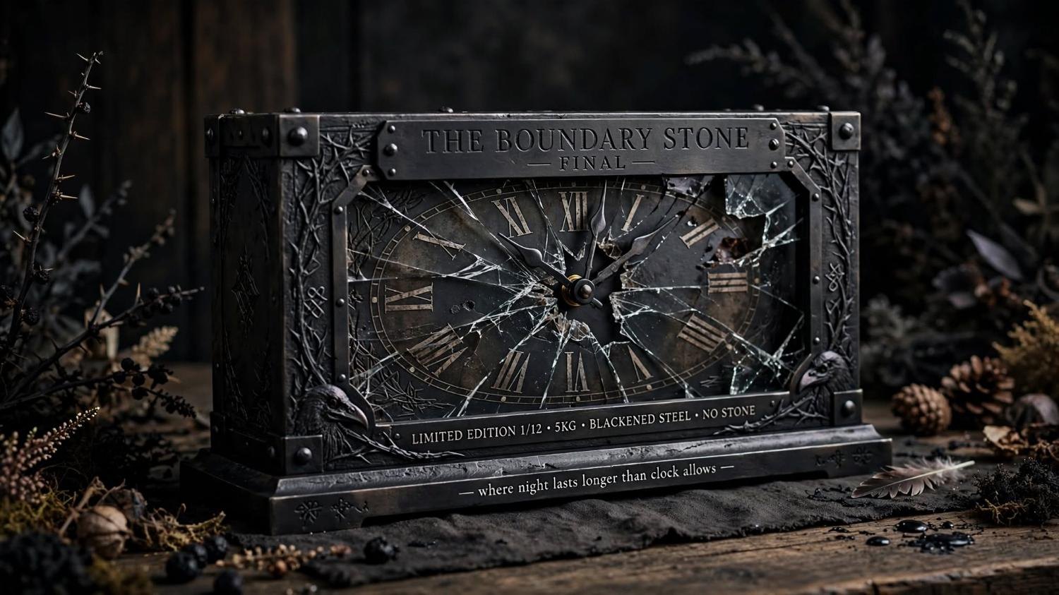 A blackened steel clock, cracked, one of twelve. Not a stone.