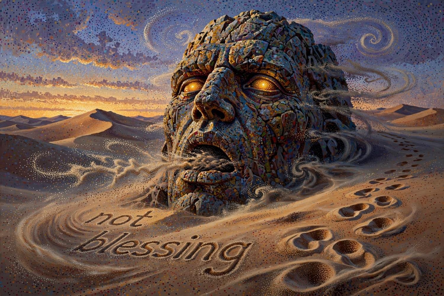 Sand leaving the stone mouth, the eyes still holding the light