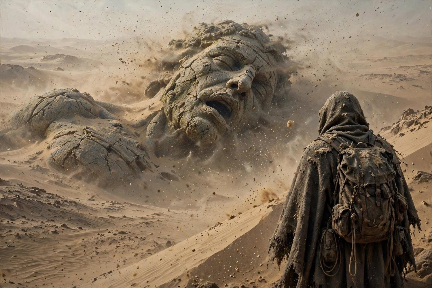 The traveler at the edge of the dune, cloak full of dust