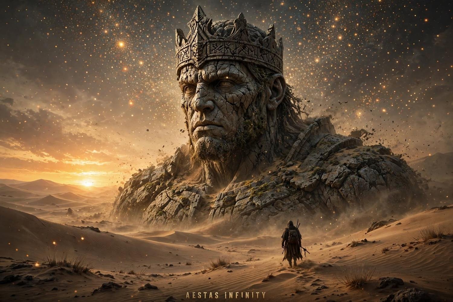 A crowned stone head rising from the dunes at sunset