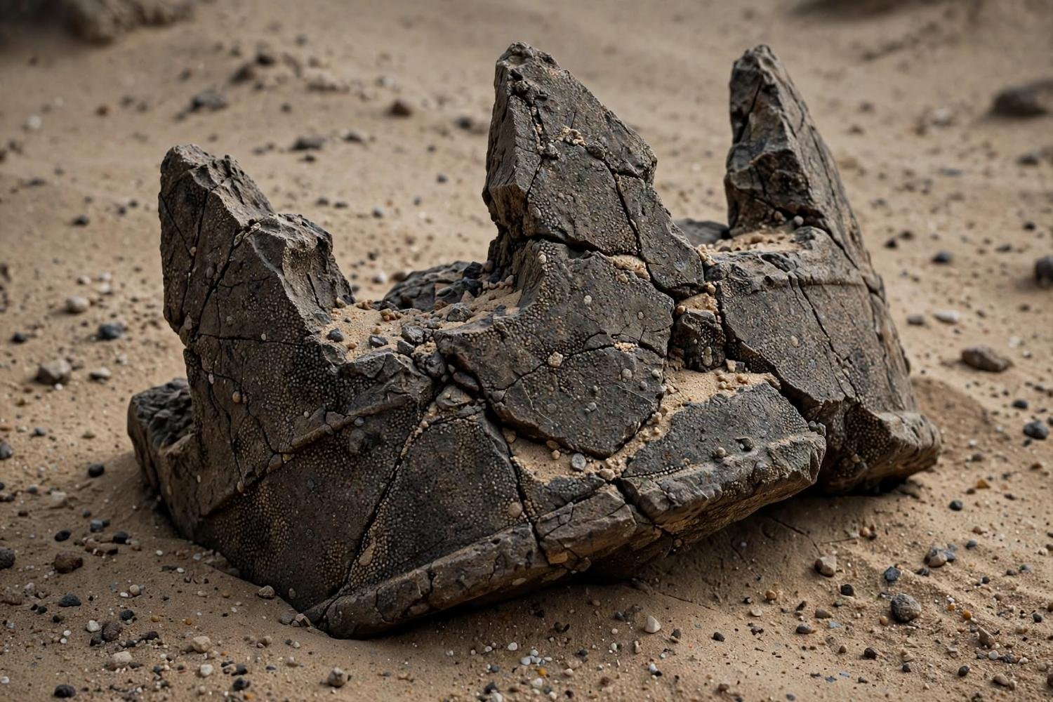 A fragment of the stone crown, sand packed in the cracks