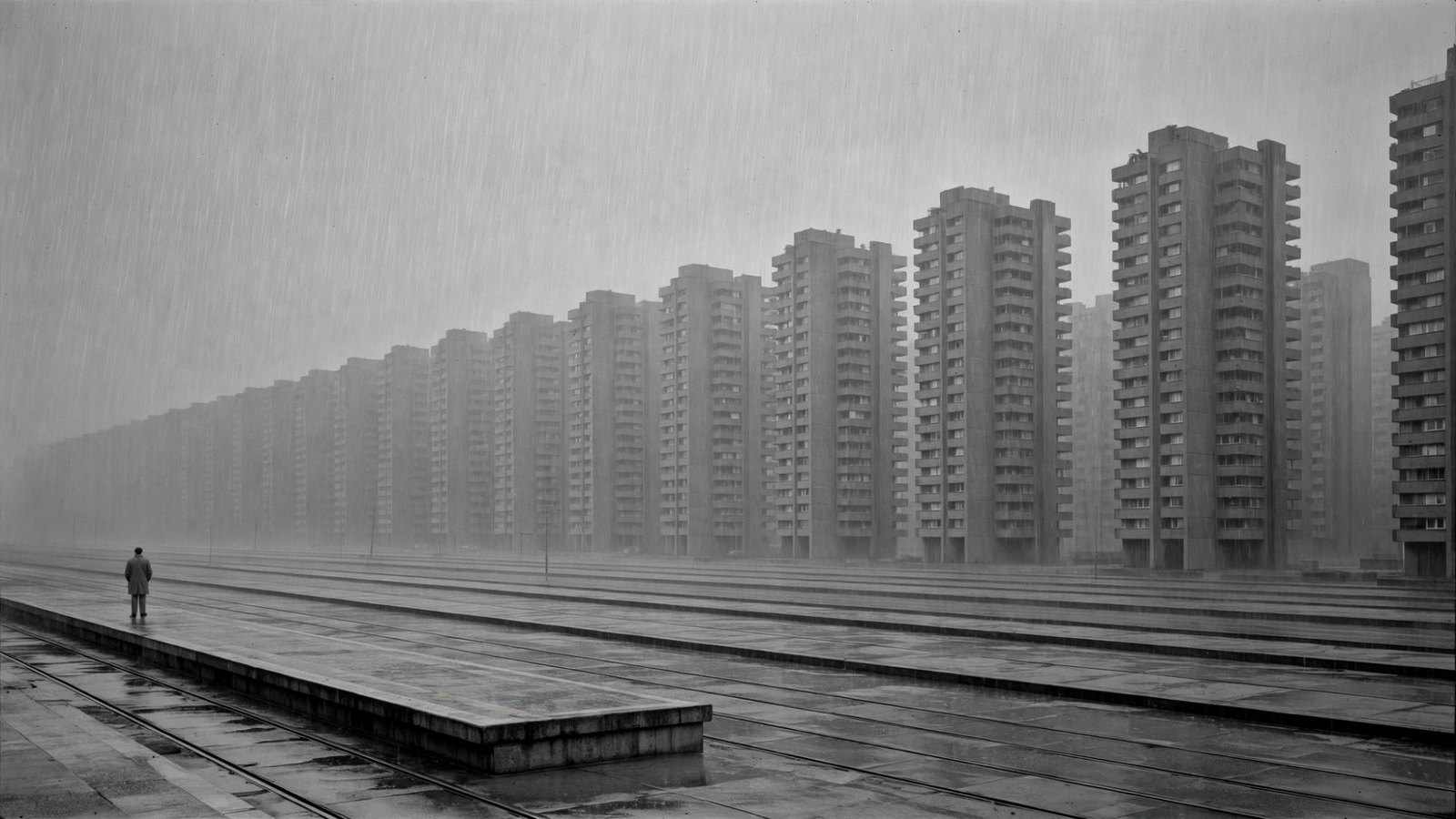 Grey towers and one figure. The street agrees with the plan.