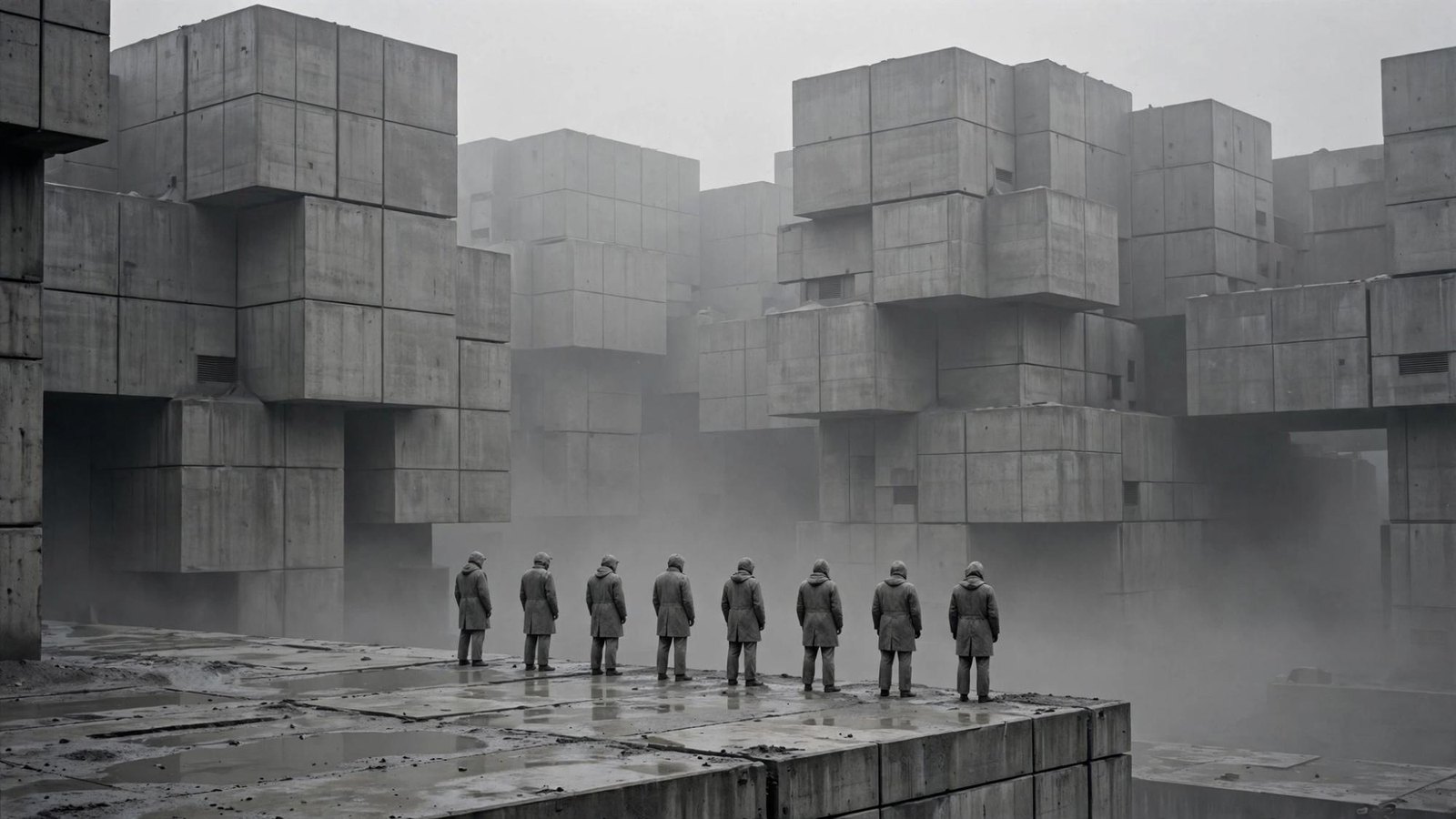 The blocks, repeating. One figure. The plaza does not offer a way out.