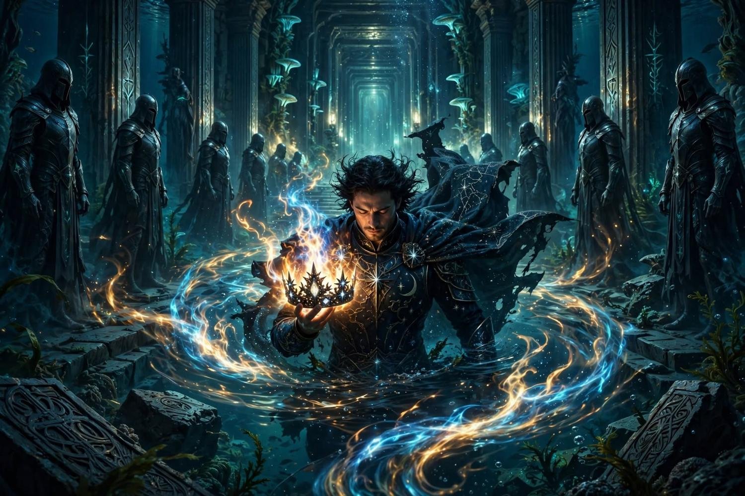 The crown in his hand, astral fire and guardians in the water