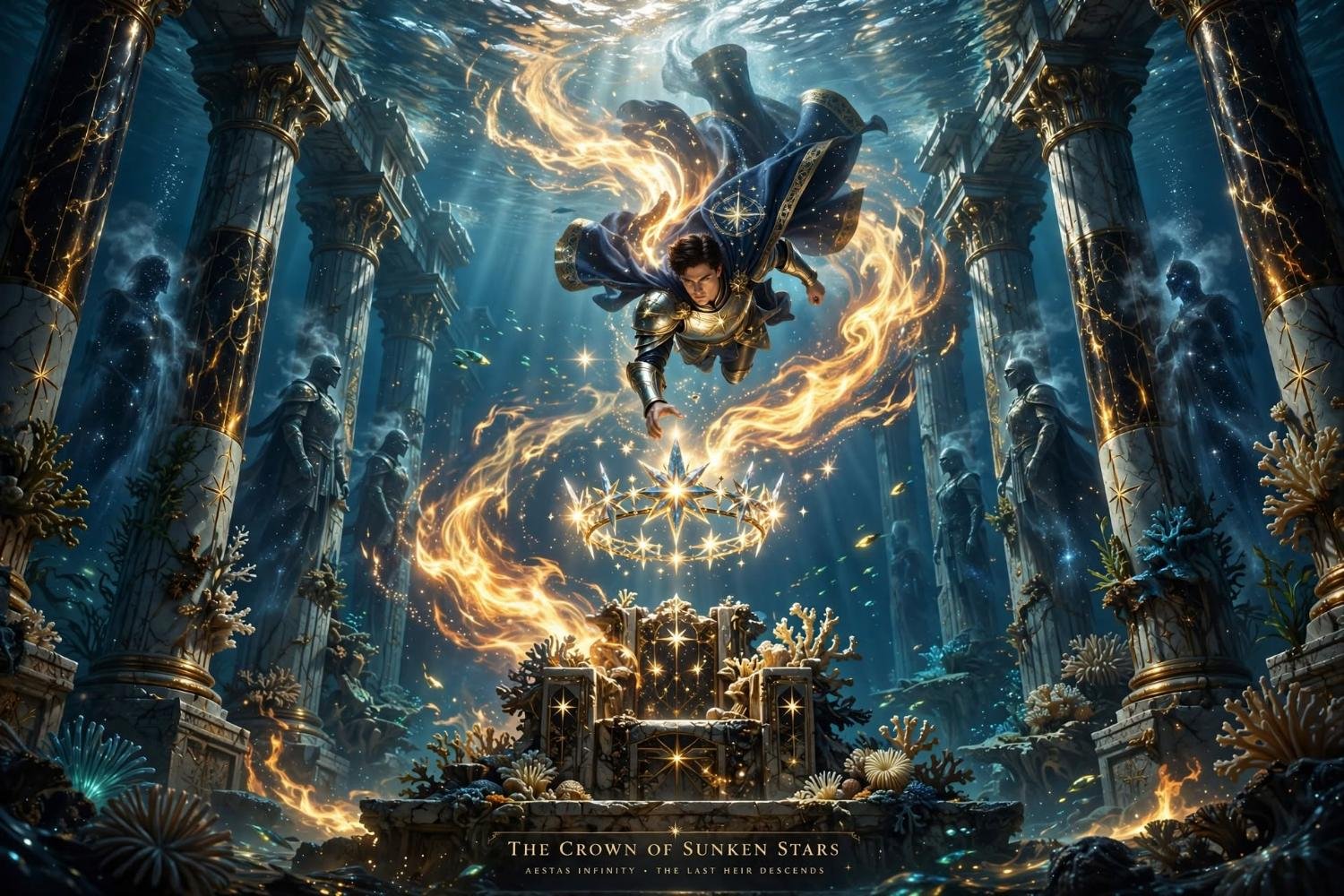 Valerius descending toward a crown of starlight above a drowned throne