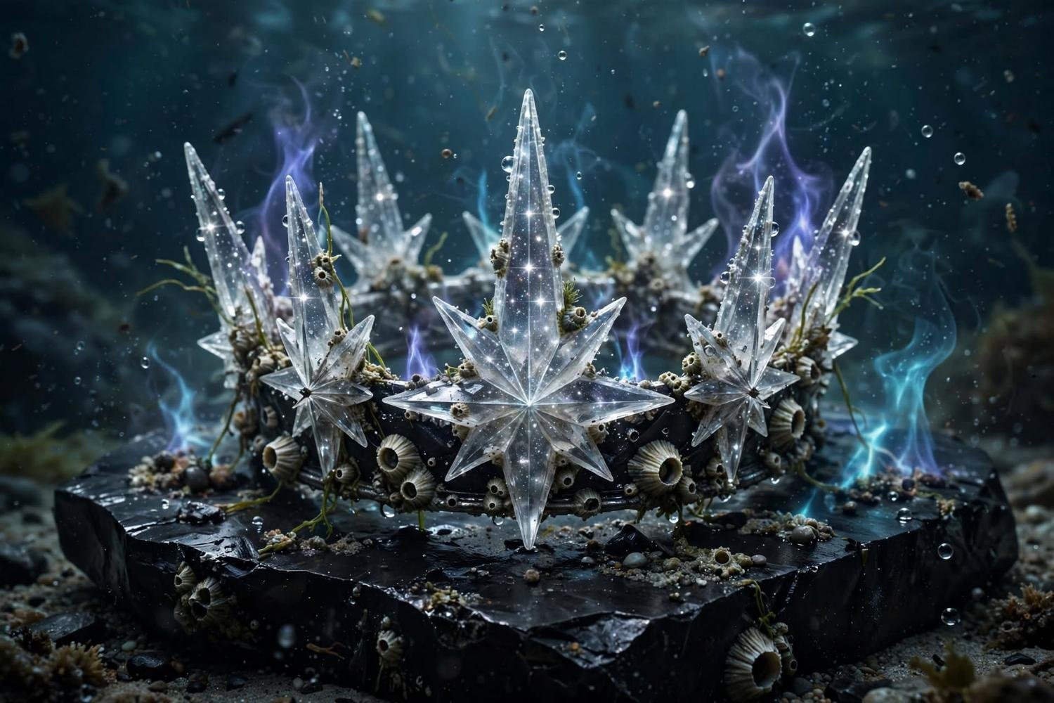 The starlight crown, barnacles on the relic, still burning underwater