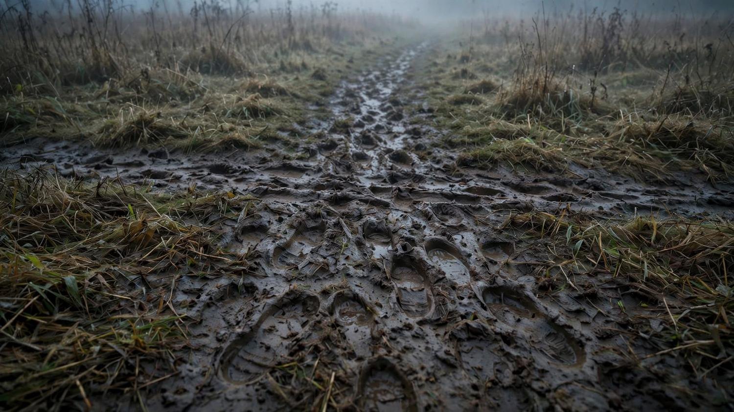 Boot prints in the mud, more of them than there were walkers.