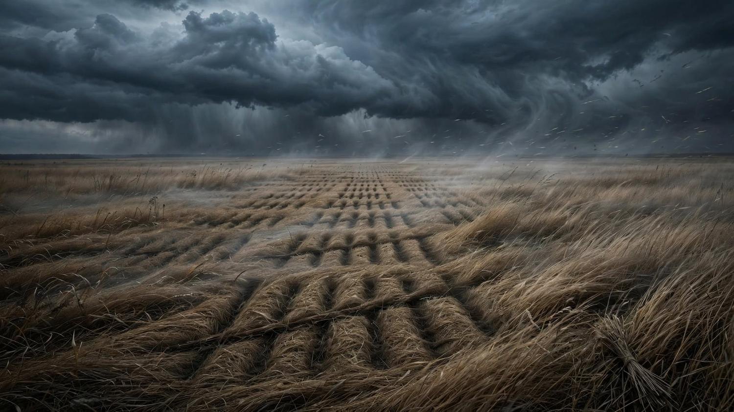 A storm over a field cut into rows, as if the ground were counting.