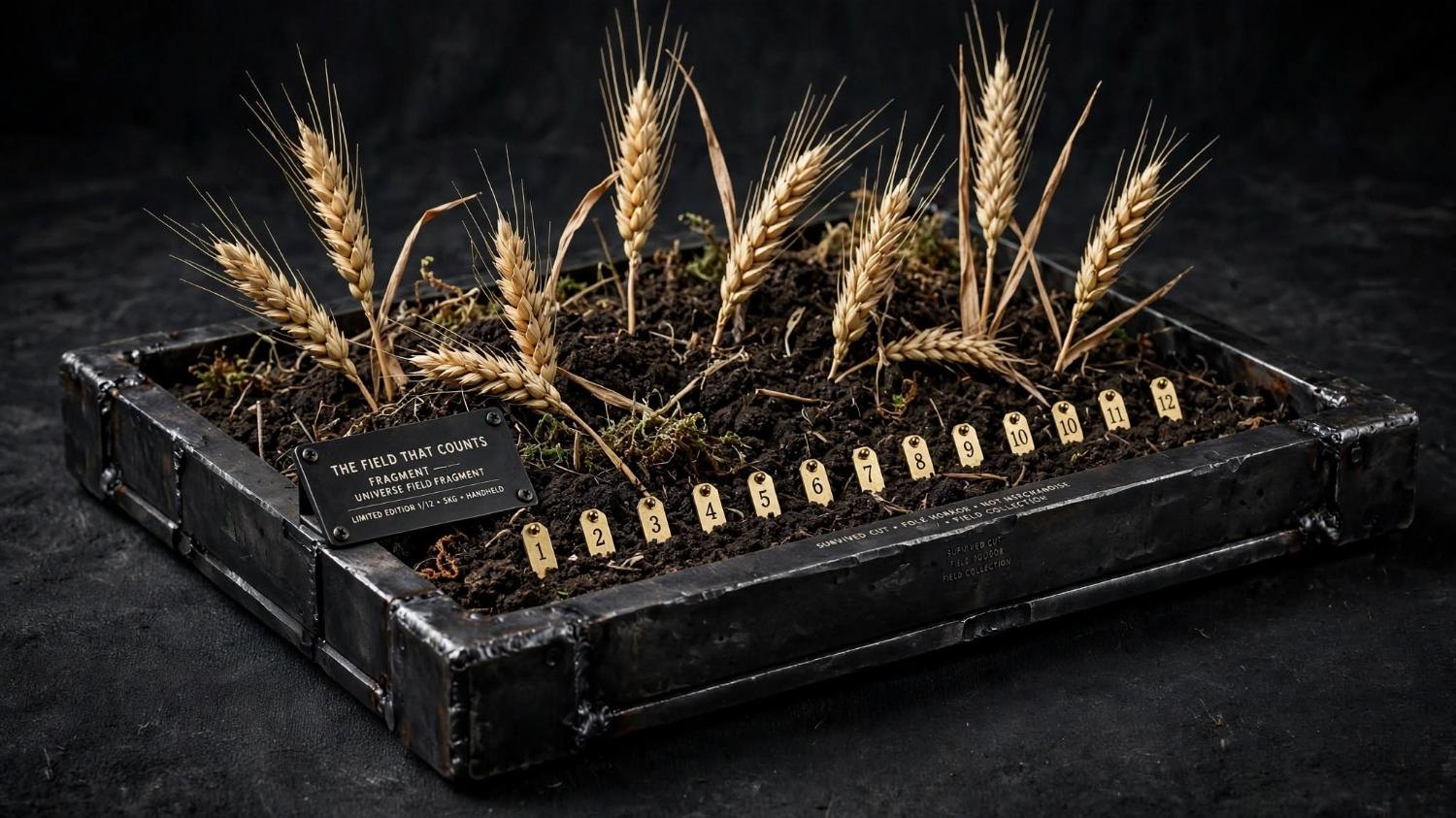 A steel tray of field soil and wheat, numbered one to twelve.