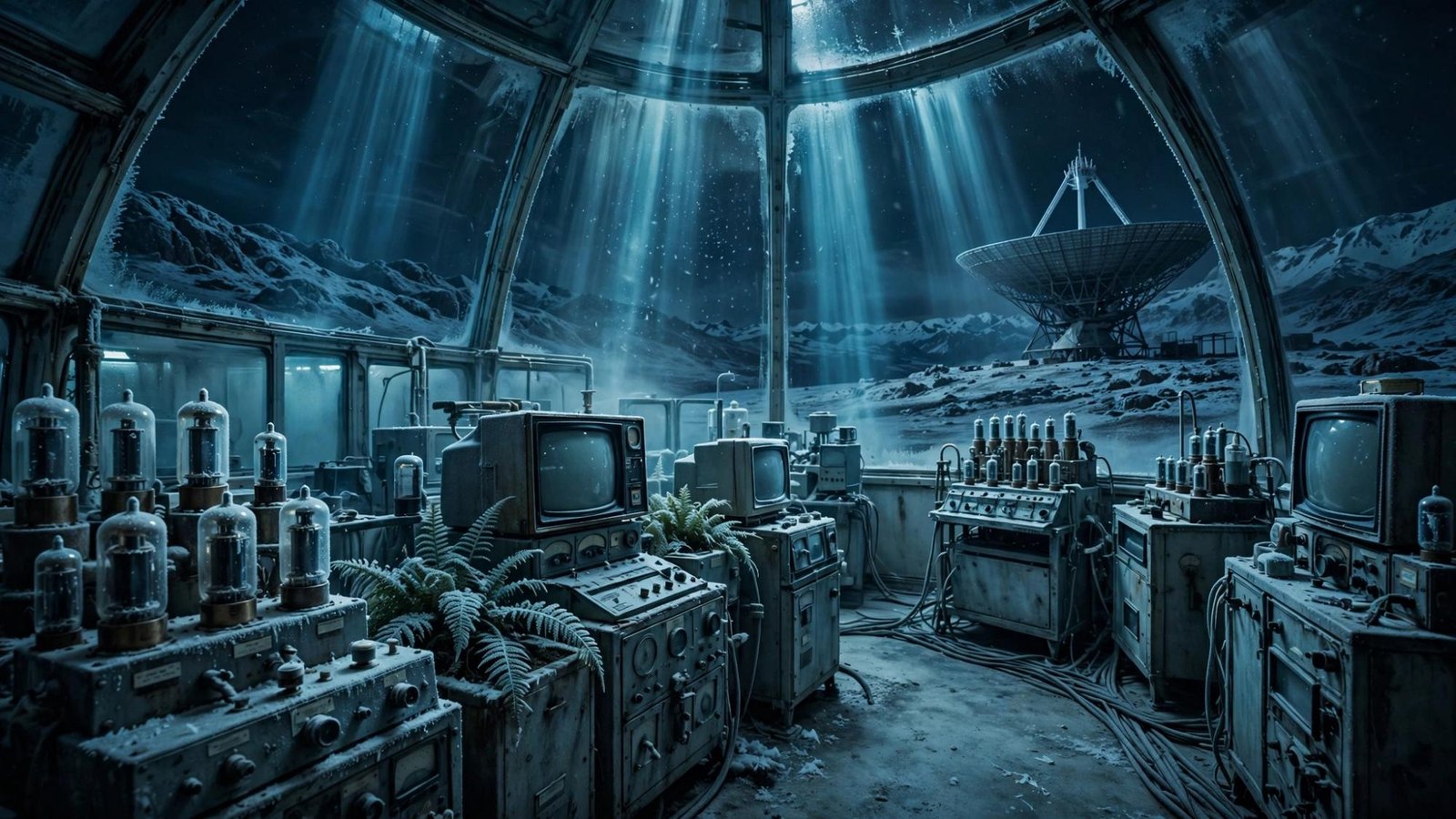 The room under the dome. Ferns, valves, and the dish in the dark.