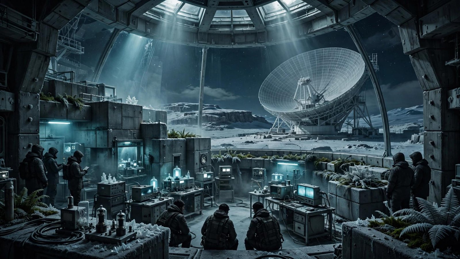 The station from inside. People small. The dish still aimed out.