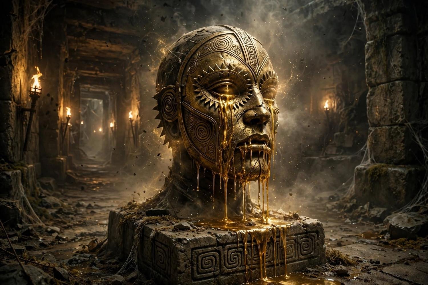 The mask on a bust in the corridor, gold pooling at the base