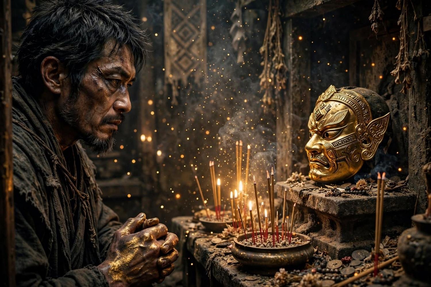 The keeper opposite the mask, gold dried on his hands