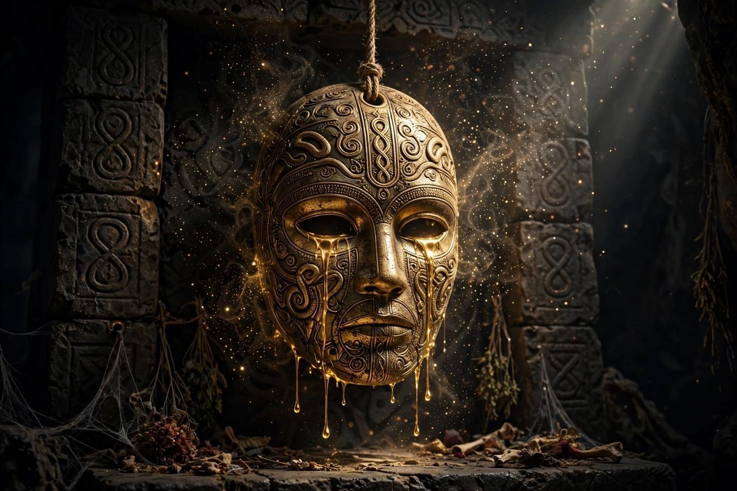 A golden mask hung in a shrine, weeping gold onto the stone