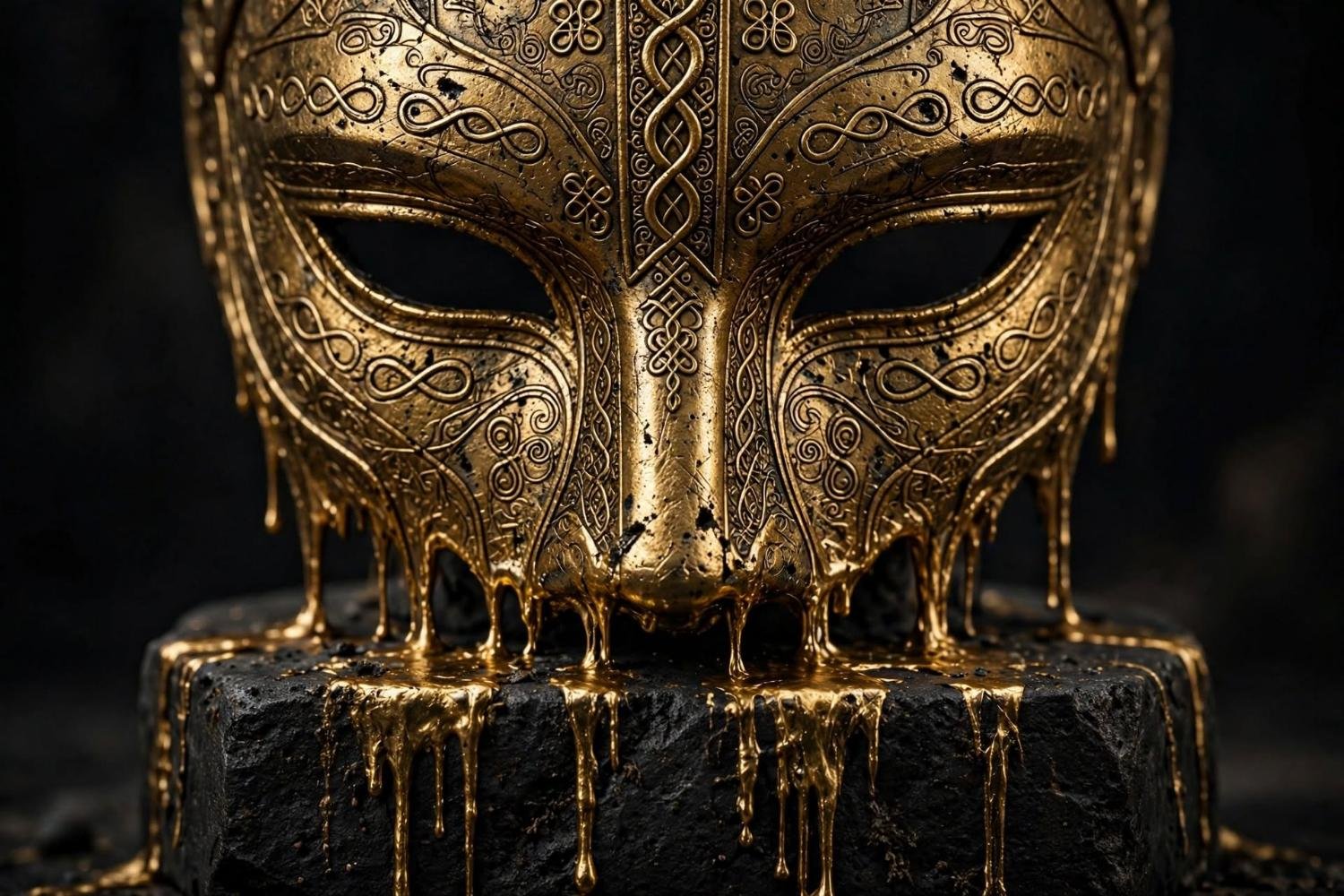 The mask close, infinity worked into the gold, still weeping