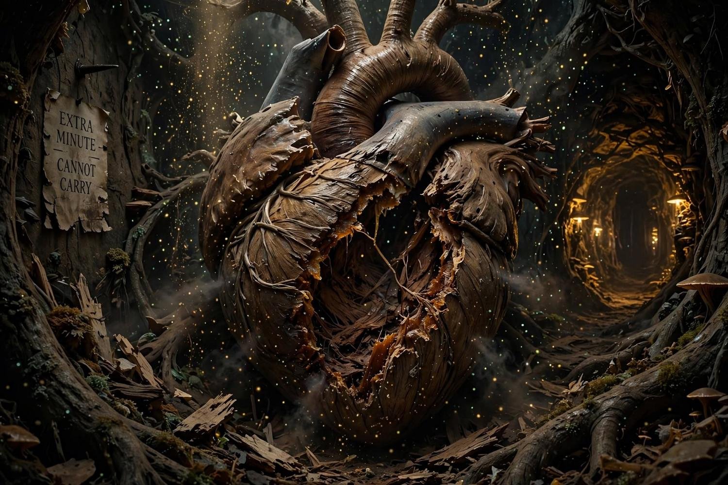 The heart split open, sap in the crack, the root tunnel still lit