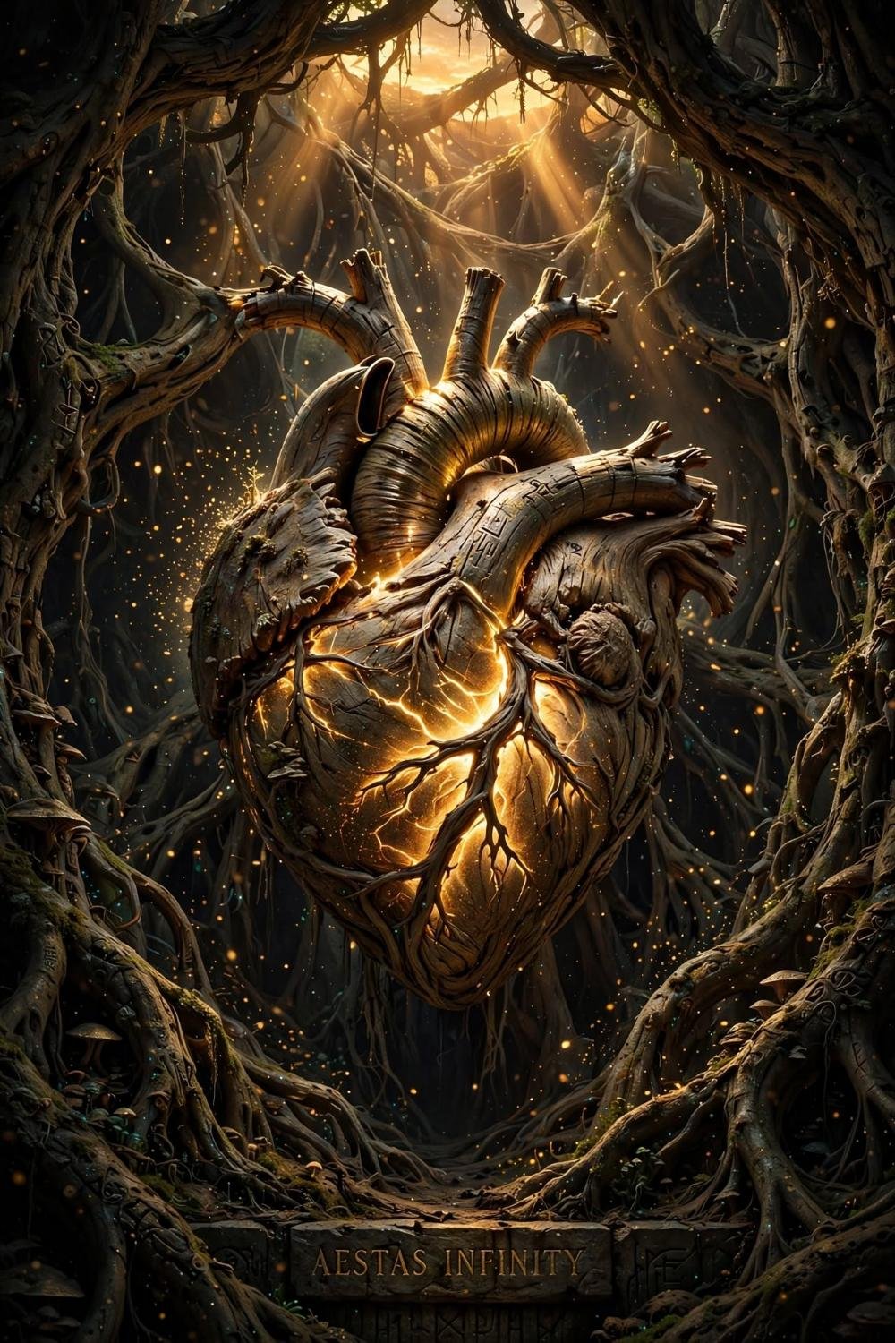 A wooden heart hung in the roots, light in the grain