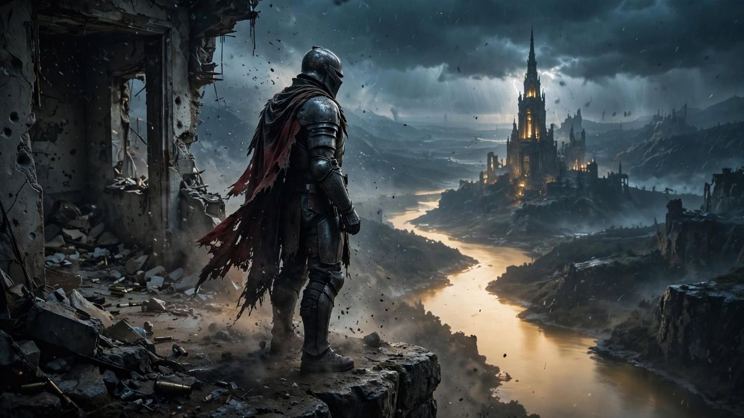 The cliff is a ruin. A doorway with no house. The spire's windows are lit.
